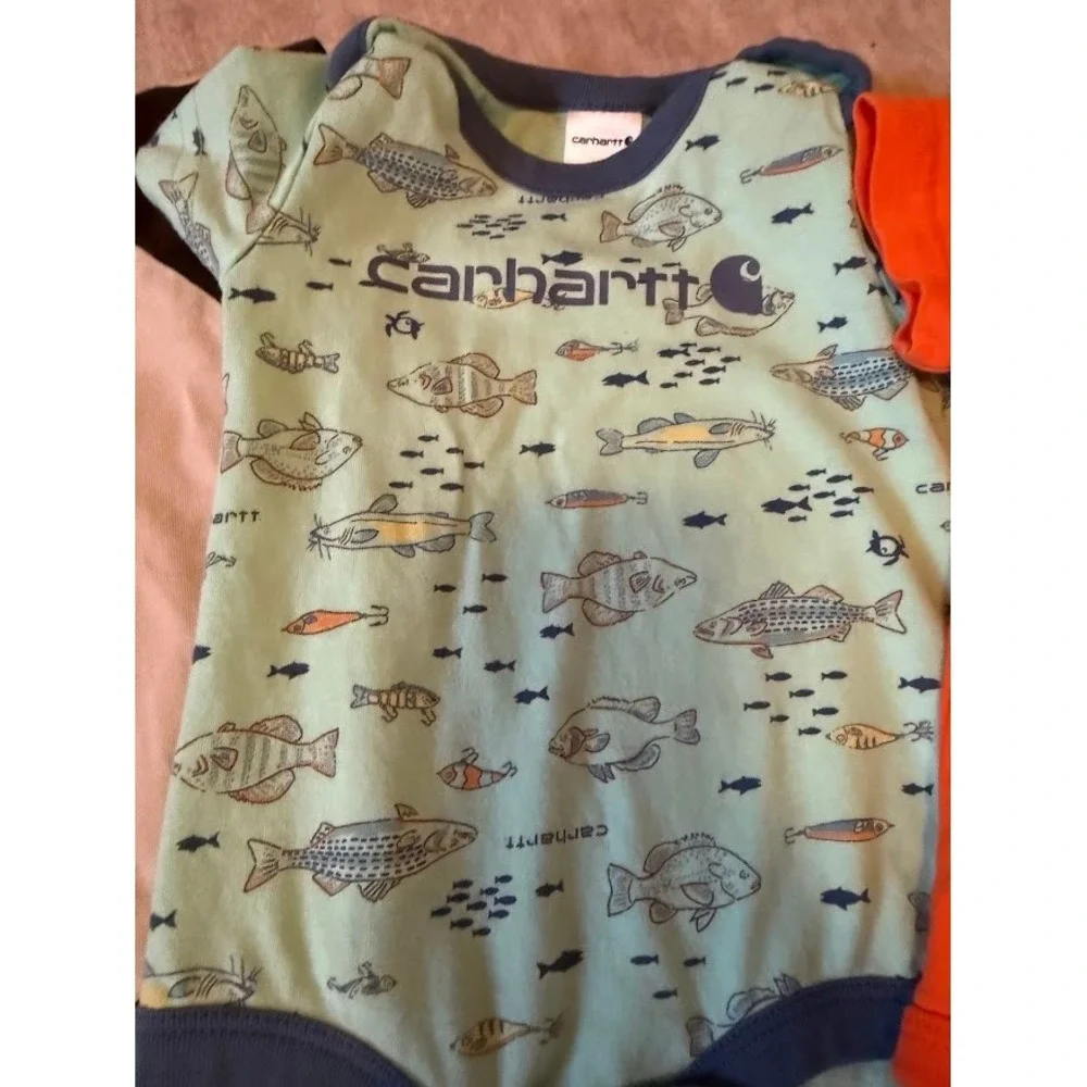 Carhartt Baby Boys 3M Bodysuit Bundle 3 Pack Fish Jeep Moose Orange Green Tan
